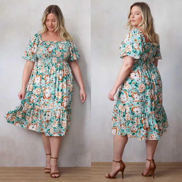 NWT Lauren Conrad Womens Floral Smocked Midi Dress Size 0X Peasant Boho Milkmaid - Picture 1 of 14